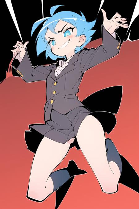 1girl, blue hair, short hair, from below,  jumping, dynamic pose,  suit , miniskirt, smirk, 
<lora:ThePinkPirate-22:0.9>, flat color, wide-eyed,