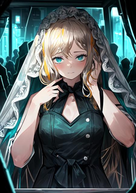 limbus, 1girl, solo, looking at viewer, <lora:Limbus-06:1.4>, (Random:1.3), crimped hair, dark blonde hair, almond eye shape, teal eyes, wedding dress, elegant french cafe with outdoor seating, (disgusting, horrifying, masterful, mysterious:1.3), hot