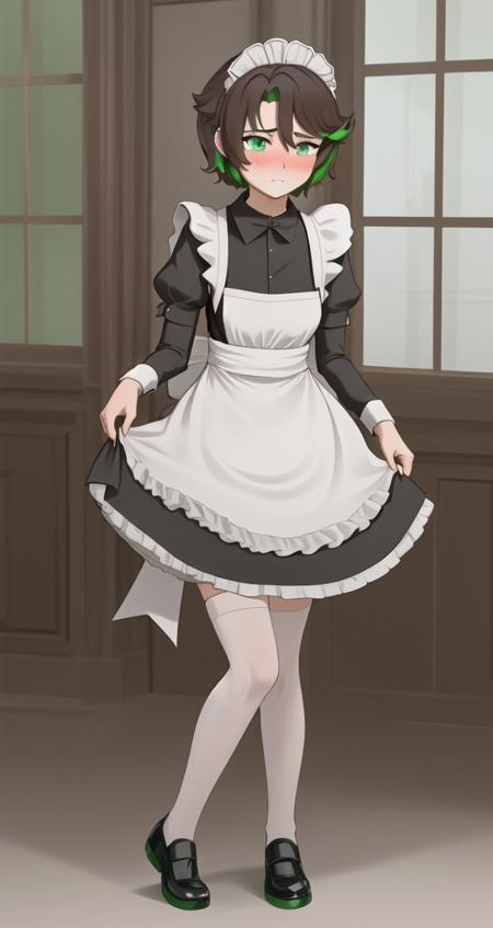 masterpiece, best quality, <lora:Green_Lantern_rwby-20:0.4>, (Jessica_Cruz_rwby), (green eyes), (forest), (full body), ((blush)), ((face focus)), (green eyes), (((maid uniform)))