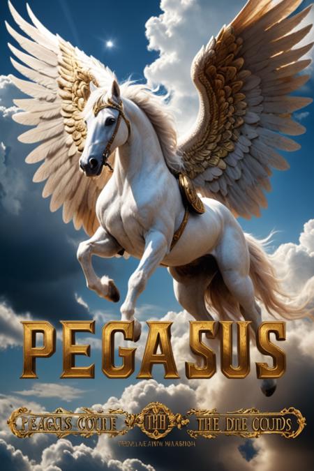 cinematic photo (movie poster with title banner text logo "PEGASUS":1.5),  Pegasus through the clouds, by Rolf Armstrong and Evelyn De Morgan and Bastien Lecouffe-Deharme, dramatic lighting, high contrast colors, baroque, empyrean, panoramic view, as trending on Artstation, highly detailed, doom engine,, 35mm photograph, film, bokeh, professional, 4k, highly detailed