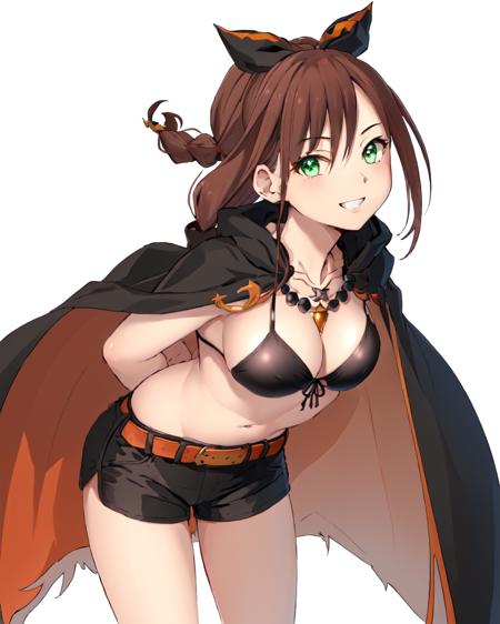 drawn in the artstyle of  <lora:MidoriV1-000009:0.8> ,  <lora:Shaula10:1>, shaula, brown_hair, green_eyes, uppper_body, black_bikini, cape, black_necklace, hair_bow, braids, large_breasts, leaning_forward, bent_over, arms_behind_back, playful_smile,  black_shorts, orange_belt, white_background