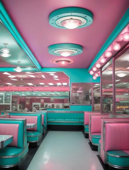 colorful metamodern 50s diner, teal and pink colors <lora:Freddy_Mamani_Silvestre_Architecture_XL:1>