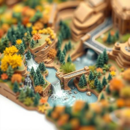 (isometric view, 3d square mini word, miniature,tilt-shift lens:1.5),(side view:1.3),3d,CG,photo,waterfall,forest,gradation,autumn,grand_canyon,brick_arch_truss_bridge,road,tunnel, isolated on a white background,