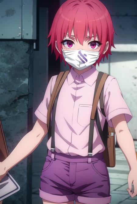 rita iizumi, short hair, (red eyes:1.3), pink hair, mask, mouth mask, surgical mask, shirt, shorts, backpack, suspenders, bike shorts, purple shorts,