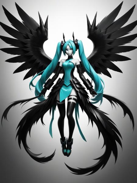 grayscale,monochrome,solo,the demon hatsune miku,wings,tail,claws,art by llbreton,  <lora:LLBretonXL-000005:1>