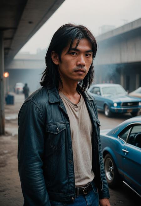 <lora:RMSDXL_Enhance:2> <lora:RMSDXL_Darkness_Cinema:2.5> A 30 years old asian man with long straight black hair, standing next to a mustang, in a underground parking, fast and furious style, blue lightning occlusion, Looking at the camera. Taken with Leica, 35mm, ISO 100, Soft - focus, Hyperdetailed, Full HD,,BREAK soothing tones, muted colors, vogue photoshoot,photograph of a, hazy background,smoky,apocalyptic atmosphere,50mm,film photo,snapshot aesthetic,close up,film grain,instagram photo,solo,centered,vintage photo with film grain