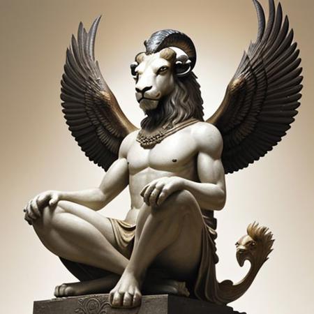 a ram-headed griffin, ram head, lion body, eagles wings, seated