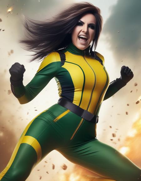 <lora:jsscn1gr1-000009:1>close up portrait photo of jsscn1gr1 ,cosplaying  as Rogue from the X-men, green and yellow jumpsuit,  black hair with a white stripe, laughing background is an explosion and a battlefield, cinematic lighting, fine detrails, best quality, skin details, pores, subsurface scattering, skin texture