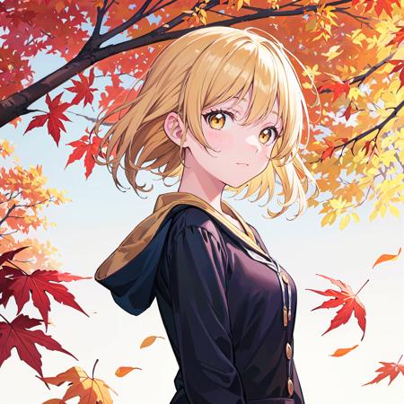 (masterpiece, best quality:1.2), 1girl, solo, scenery, illustration, looking at viewer, depth of filed, upper body,
detailed image, yellow eyes, autumn, autumn leaves, trees, falling leaves, blonde hair,