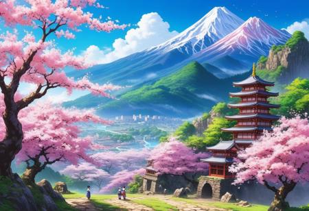 chef d'oeuvre, style anime, tranchant, pas d'humains, paysage parfait, montagnes, arbres cerisiers sakura en fleur, ruines, vibrant, coloré