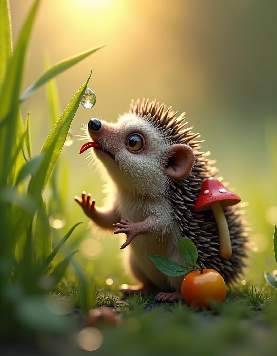 A cute hyperrealistic scene where a little hedgehog reaches for a drop of dew hanging on a blade of grass. The hedgehog has sad big golden eyes, a black wet nose and a small red tongue. He tries to lick the drop of dew with his tongue. The hedgehog has several leaves, one mushroom and an apple stuck to his back on his spines. The hedgehog's fur is shaggy and wet in places, because he ran on wet grass. There is green wet grass around and the morning sun's rays are reflected in every drop of water. Close-up, super detailed.