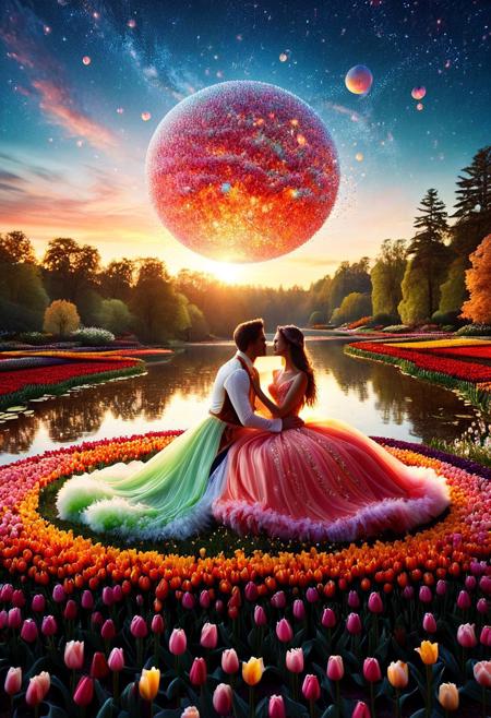 Delicate crystal sphere captures fleeting perfection idyllic scene - lovers entwined passionately on rustic iron bench perched edge tranquil pond mirroring amber hues painting sky fiery horizon sinking beyond treetops silhouetted majestic backdrop. Couple seems suspended animation timeless bubble preserved beauty found rare moments stolen amidst chaos everyday routine. Her flowing gown diaphanous silk whispers breeze-kissed petals flower garden surrounding them. His arm draped possessively around slender waist pulls closer pressing curves melding contours perfectly aligned destiny decreed.
Soft rosy blush stains cheeks flushed exhilaration electricity sparking glances exchanged loaded meanings secrets whispered lips brushing teasingly. Fingertips trace delicate collarbone neckline trailing feather-light touch igniting fires smoldering depths emerald eyes locked magnetic pull defying gravity forces separating. World falls away leaving sole occupants vast stage set enchantment fairytale ending written stars themselves.
concept-art, adventure, characters, fantasy, whimsy, dreaminess, colorful, digital, illustration, magic, 
beautiful, painterly, detailed, textural, artistic, aesthetic, rich details, 
intricate details, highly detailed, ultra-detailed, absurdres, vivid, vibrant, volumetric lighting, 
jaynl-tm, made of tulips, aid291, midjourneyv6.1, ais-particlez