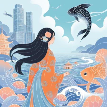 1girl, long hair, bird, black hair, hair ornament, solo, flower, hair flower, building, cloud, mermaid, very long hair, monster girl, profile, wide sleeves, water, sky, waves, watermark, multicolored hair, fins, long sleeves, fish, surreal, <lora:RXS_1-000015:0.8>,RXS,