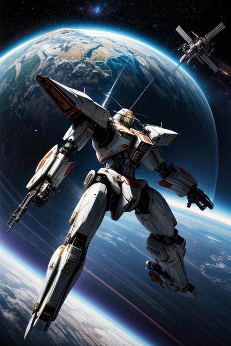 masterpiece, best quality, absurdres, illustration, photorealistic, cinematic, dynamic, mecha, orbital battle, floating in space, starry background, thrusters, space station, cosmic conflict