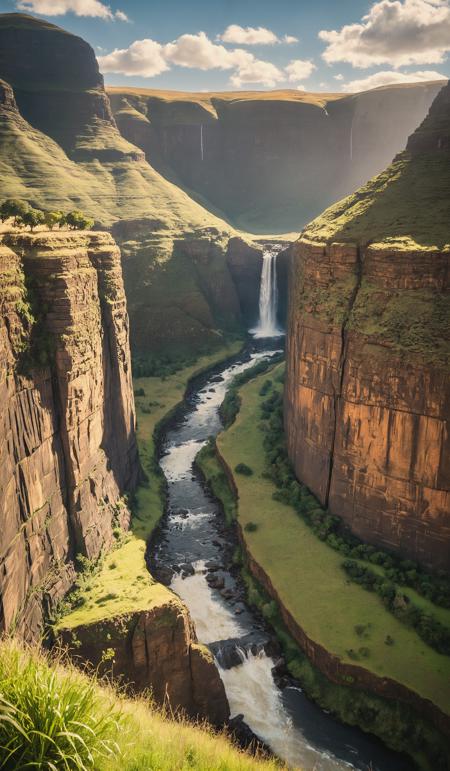 Lesotho,
Valley,
River,
Canyon,
Maletsunyane Falls,
Cliff,
Awe,
Beauty In Nature,
Color Image,
Day,
Fence,
Green Color,
Horizontal,
Lush Foliage,
Majestic,
Mountain,
Natural Landmark,
Nature,
No People,
Outdoors,
Photography,
Sunlight,
Tourism,
Tranquility,
Travel Destinations,
Water,
Waterfall,
breathtaking photograph, dramatic light, award-winning, professional, highly detailed . 35mm photograph, film, bokeh, professional, 4k ,minimalistic, daylight, warm atmosphere, cinematic look, simple look, simple style, dramatic scene, unusual scene