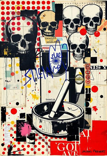 Outsider art. A surreal and deconstructed mixed-media collage in the style of Jacques Prévert with an urgent sense of chaos and energy. An analogue collage artwork blending fragmented styles, layers and textures. 
The main image is a punk stencil photocopy print of a magazine image of a cigarette packet and ashtray. Print errors, halftone dots. grungy print registration errors. 
Layered over this obscuring the image are multiple fragmented and overlapping layers of chaotic thick paint, splatters of paint, palette knife oil paint, handwritten scrawled text messages, torn photographs and broken distorted vintage photographs filling the canvas. 
Layered sections of repetitive brightly coloured dots are spraypainted in Yayoi Kusama style. Fragmented skulls and abstract faces in Jean-Michel Basquiat style over the top. This hides sections of the image below. Outlines are roughly redrawn in black ink and thick oil paint. 
On the top layer are rough hand-drawn letters and love hearts scrawled heavy-handedly in blue biro on to print.
The overall effect is manic and anarchic with an urgent sense of energy.