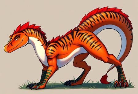 A breathtakingly hyper-realistic masterpiece of an anime anthro furry raptor standing proudly atop a rocky promontory overlooking a vast, ethereal landscape. The creature is a majestic blend of the fiercest predator of the dinosaur age with the elegance of a human form. Its sleek fur, primarily a deep shade of emerald green, is adorned with intricate patterns of gold and crimson that shimmer in the soft, dappled light of a setting sun. The fur transitions seamlessly into feathers along the tail and neck, which are a vibrant mix of amber and sapphire hues. Its piercing eyes, a brilliant turquoise, hold a profound wisdom beyond its feral nature. The anthro raptor's muscular frame, adorned with a minimalist, ancient-inspired outfit, exudes power and agility. The background is a canvas of blended colors, with the horizon line a fiery mix of oranges and purples that melt into a serene sky dotted with celestial bodies. The scene is so lifelike that one can almost hear the distant echo of its powerful roar, as the wind gently sways the towering trees and makes the long, flowing grass dance around the rocky outcrop. The attention to detail is astonishing, from the subtle flex of its talons to the delicate feathers fluttering in the breeze. This masterpiece captures the essence of a creature that bridges the gap between fantasy and reality, leaving the viewer in awe of the artist's ability to imbue a fictional being with such a vivid, tangible presence.