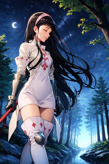 masterpiece, best quality,  <lora:guila-nvwls-v1-000009:0.9> guila, closed eyes, hairband, cropped jacket, white jacket, white dress, short dress, gauntlets, thigh boots, walking, profile, smile, forest, night sky, moonlight, dense canopy