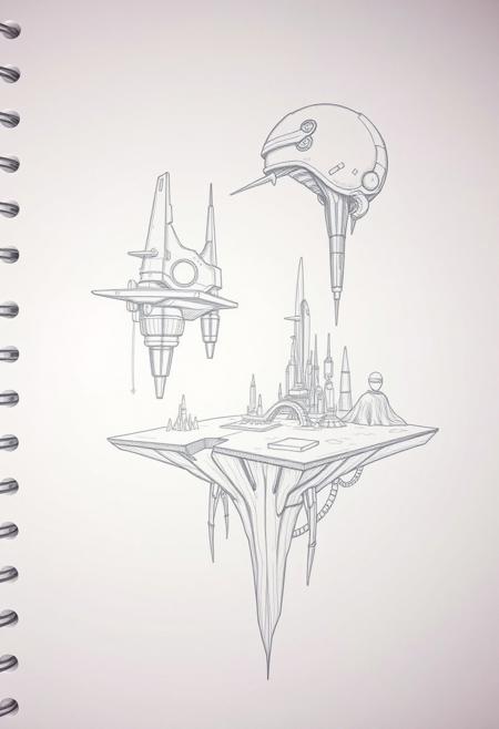A hand-drawn sketch on a white background depicting a surreal, futuristic platform. The image showcases intricate biomechanical elements, abstract architecture, and otherworldly landscapes. Smooth gradient transitions and rough lines with textured pencil strokes create a sense of depth and seamless color blending.