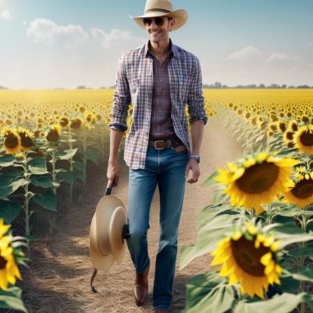 a skinny man  wearing a checkered shirt and a wide brimmed hat walks in the sunflower field | | sunny, dreamlike art, mist, realistic shaded, smile, good looking, fine details, 4K realistic, cryengine, realistic shaded lighting poster by greg rutkowski, magali villeneuve, artgerm, jeremy lipkin and michael garmash and rob rey