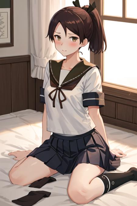 best quality, masterpiece, highres, solo, {shikinami_kantaicollection:1.15}, brown_hair, ponytail, brown_eyes, short_hair, hair_ribbon, ribbon, serafuku, blush, 1girl, black_sailor_collar, looking_at_viewer, sailor_collar, school_uniform, sitting, skirt, anchor_symbol, black_skirt, black_socks, pleated_skirt, socks, kneehighs, neckerchief, wariza