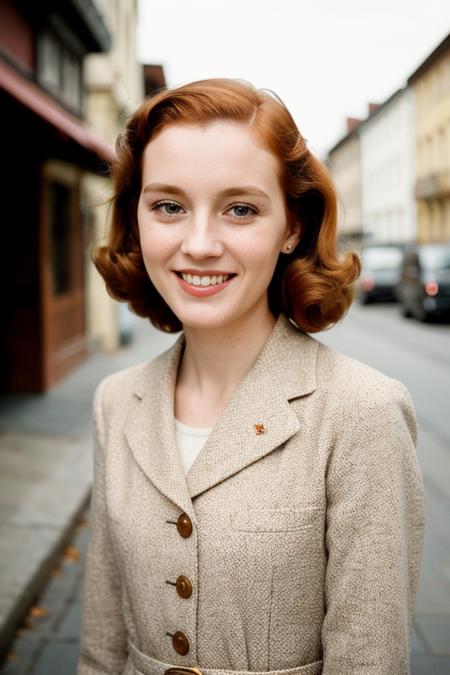 (best quality:1.2), woman, (38 years old:1.3), (1940s analog color photo:1.2), strong facial features, long nose, big eyes, full body shot, ginger hair, slender, athletic body, , laughing,  depth of field, lifelike texture, detailed face, detailed eyes, detailed skin, extremely detailed, intricate details walking in the street