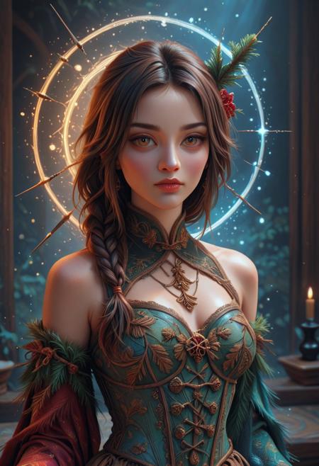 (fir needle style), masterpiece, best quality, absurdres, newest, oil painting, moody scene, sinister setting, very aesthetic, décolletage, elaborate fir needle bodice, (fir needle fabric:1.3), esoteric embroidery, intricately braided, hair 20yo, fine features, high cheekbones, magical aura, unreal color pallet, (demure:1.15), volumetric light