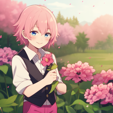 1boy, pink hair, blue eyes, white shirt, collared shirt, black vest, pink pants