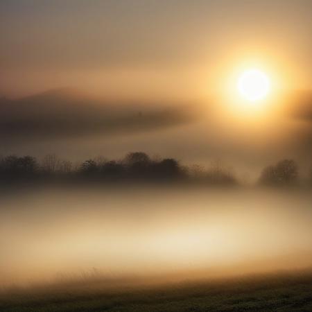 Landscape, rising sun, light ray, fog