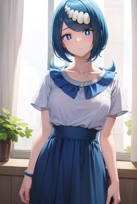 pokemonmotherlana, <lyco:pokemonmotherlana-lyco-nochekaiser:1>,
pokemonmotherlana, blue eyes, blue hair, freckles, hair ornament, long hair, swept bangs, (bright pupils:1.5),
BREAK blouse, blue skirt, bracelet, collarbone, dress, jewelry, long skirt, shirt, short sleeves, skirt, white shirt,
BREAK looking at viewer, full body, (cowboy shot:1.5),
BREAK indoors,
BREAK <lyco:GoodHands-beta2:1>, (masterpiece:1.2), best quality, high resolution, unity 8k wallpaper, (illustration:0.8), (beautiful detailed eyes:1.6), extremely detailed face, perfect lighting, extremely detailed CG, (perfect hands, perfect anatomy),