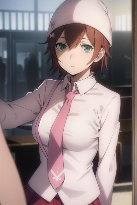 mikaharima, <lora:mika harima s1-lora-nochekaiser:1>,
mika harima, short hair, brown hair, (green eyes:1.3),
BREAK skirt, shirt, hat, beanie, school uniform, pleated skirt, necktie, white shirt, collared shirt, long sleeves, red skirt, pink necktie,
BREAK indoors, classroom,
BREAK looking at viewer, (cowboy shot:1.5),
BREAK <lyco:GoodHands-beta2:1>, (masterpiece:1.2), best quality, high resolution, unity 8k wallpaper, (illustration:0.8), (beautiful detailed eyes:1.6), extremely detailed face, perfect lighting, extremely detailed CG, (perfect hands, perfect anatomy),