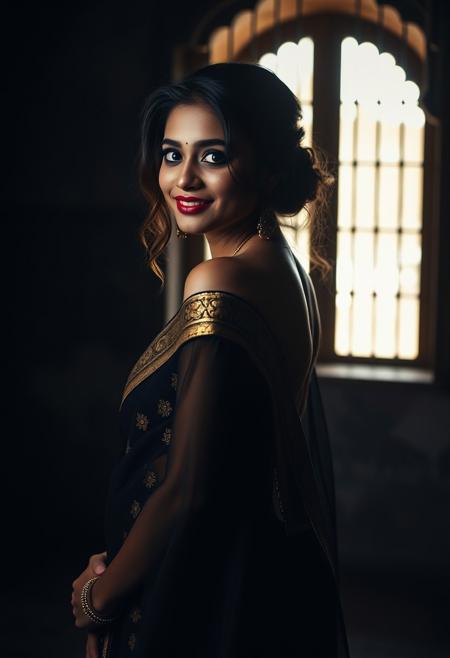 [(glamour photo), (RAW, 8k, uhd), (Canon 5D, 85mm F1.4, 1/1000s shutter, ISO 50), (highly detailed), (Full body portrait, (head to thighs), side view: 1.2), dramatic darkroom lighting, (((standing in a black surroundings haveli, backlit by sunlight coming through jail screens: 1.3))), an incredibly beautiful 20 yo young bengali model,  apsara, indian  beautiful, dark, mysterious, goth makeup, (smile), (revealing black and gold sari: 1.4), ((loose dupatta)), beautiful facial features, ((medium breasts: 1.35))]