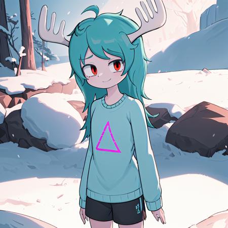 GobbletyTobblety aqua hair, long hair, red eyes, deer antlers, grey skin, aqua sweater, black shorts, black boots