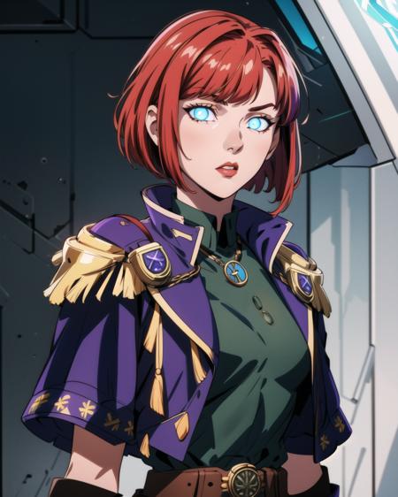 masterpiece, best quality, colorful, detailed, intricated, rysina, red hair, medium shot, green military dress, unbuttoned purple military coat, black gloves, 1girl, frontal view, bob haircut, (blank blue eyes, glowing eyes), <lora:rysina-000012:0.7>,  <lora:add_detail:0.75>