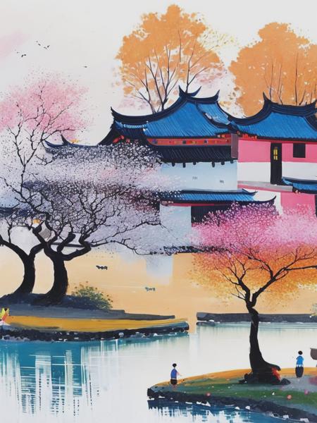 <lyco:WuGuanzhong:1.0> a colorful illustration by Wu guanzhong,China village,twojjbe trees in front of my chinese house, kids under the tree,light orange, pink,white,blue ,8k