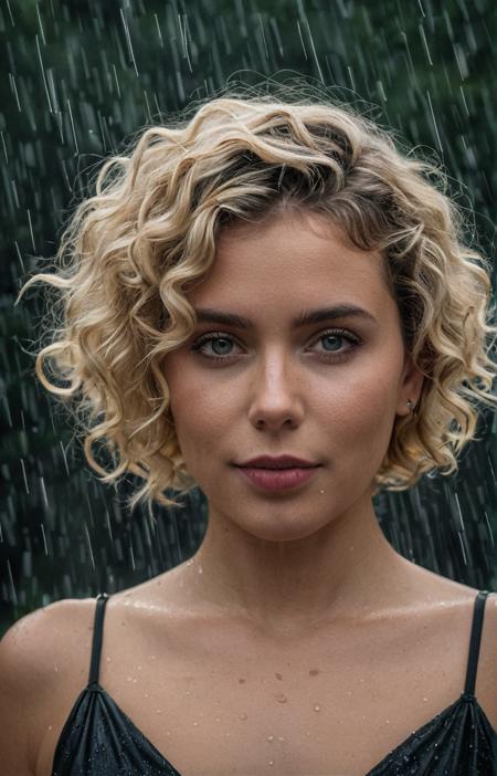 a elegant woman posing,Short curly hair,Lightest blond hair,Aerial View,Heavy rain clouds with lightning,Bronze Age,as a site-specific sound art installation,bokeh effect film effect highly intricate detail cinematic real aesthetic very fine elegant sharp focus creative positive light artistic cheerful rational new pleasant lovely,style by Guillermo Del Toro,,Fujifilm XT3,back-lightâââ