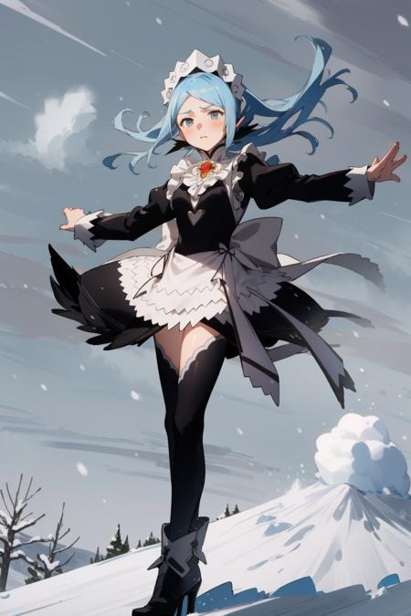 masterpiece, best quality, feflora, red gem, maid headdress, maid outfit, white apron, black thighhighs, high heels, standing on top of a hill, snow, white sky, furrowed brow, raising arm, blizzard, snowing, blowing wind, (snowstorm:1.4), wide shot <lora:feliciaflora-nvwls-v1-000010:0.9>