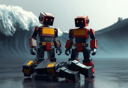 full body, Blockman robots, each with unique forms and color schemes, are depicted in a striking scene. One robot, mainly black and red with a yellow chest stripe, stands upright, while the other, black and gray with a similar yellow stripe, lies on its side. The composition of the image, set against an Earthbound Wave background, creates a sense of balance. The image is 4K, exceptionally detailed, with vivid emotions and colors, and contains no text or additional objects. It appears to be trending on ArtstationHQ, featuring cinematic lighting, and is rendered in high resolution.