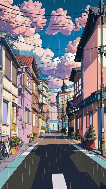 <lora:LoFi_Aesthetic-10:1> LoFi Aesthetic, (masterpiece, best quality, ultra-detailed, highres), bicycle, no humans, outdoors, power lines, rain, utility pole, ground vehicle, plant, scenery, road, street, house, building, potted plant, sign, window, flower, air conditioner, flower pot, sky