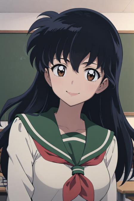 best quality, masterpiece, close-up, portrait, 1girl, higurashi kagome, black hair, brown eyes, long hair, medium breasts, serafuku, sailor collar, indoors, classroom, looking at viewer ,smile
<lora:Kizuki - Inuyasha - Higurashi Kagome:0.9>