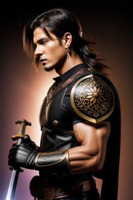 <lora:nijiexpress:0.9>, (masterpiece, high quality), 1boy, weapon, sword, jewelry, earrings, black_hair,long hair, brown hair, head up,look up,  solo, gloves, holding_weapon, holding_sword, muscle, abs, ,black background, perfect light, upper  body, , profile, flowers, flower on head, super high detailed clothes,((colorful)),bruise on face, bruise
