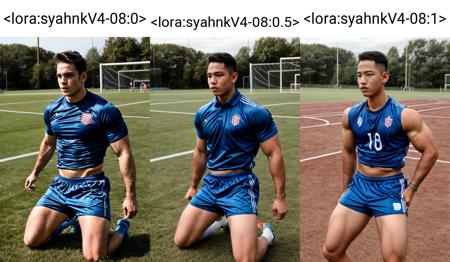 masterpiece, best quality, highres, realistic,<lora:syahnkV4-08:0>, syahnk as an athletic jock bulging in his tight shorts stretching in middle of soccer field blushing from embarrassment ,<lora:add_detail:1>, handsome, photogenic, big muscles