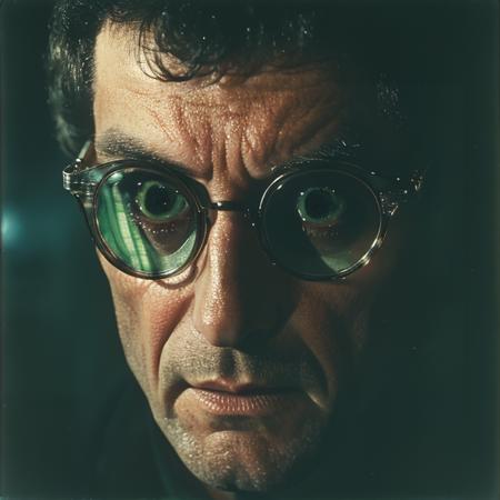 <lora:70sHorrorMovie2:1> ArsMovieStill, movie still from a 1970s horror movie, The image is a close-up portrait of a man's face. He is wearing round silver-framed glasses with green lenses. His eyes are wide open and his eyebrows are furrowed. He has a serious expression on his face and his mouth is slightly open as if he is looking directly at the camera. The background is dark and out of focus making the man's eyes the focal point of the image. The lighting is dim creating a dramatic and eerie atmosphere., solo, 1boy, male focus, glasses, portrait, close-up, looking at viewer, realistic, black hair, eye focus