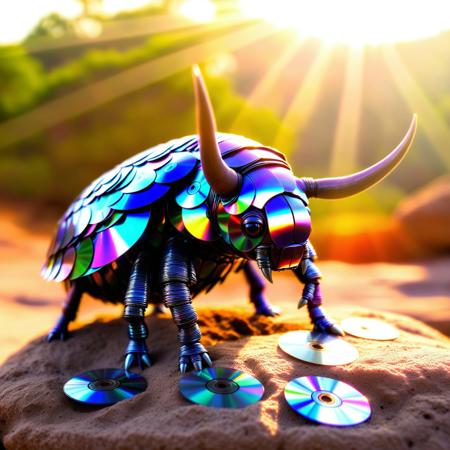 macro photo, rhino beetle (made of cd's:1.2) sitting on a big rock, dirt, sand, outside, sun