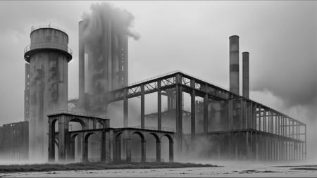 (RAW) landscape photo of (ultra gloomy atmospheric black&white, foggy, wet), industrial ruins of an epic and old factory in a zone of exclusion, (ultra realistic, detailed, masterpiece, 8k)<lora:LCM_Lora.safetensors:1><lora:LCM_Lora.safetensors:1>