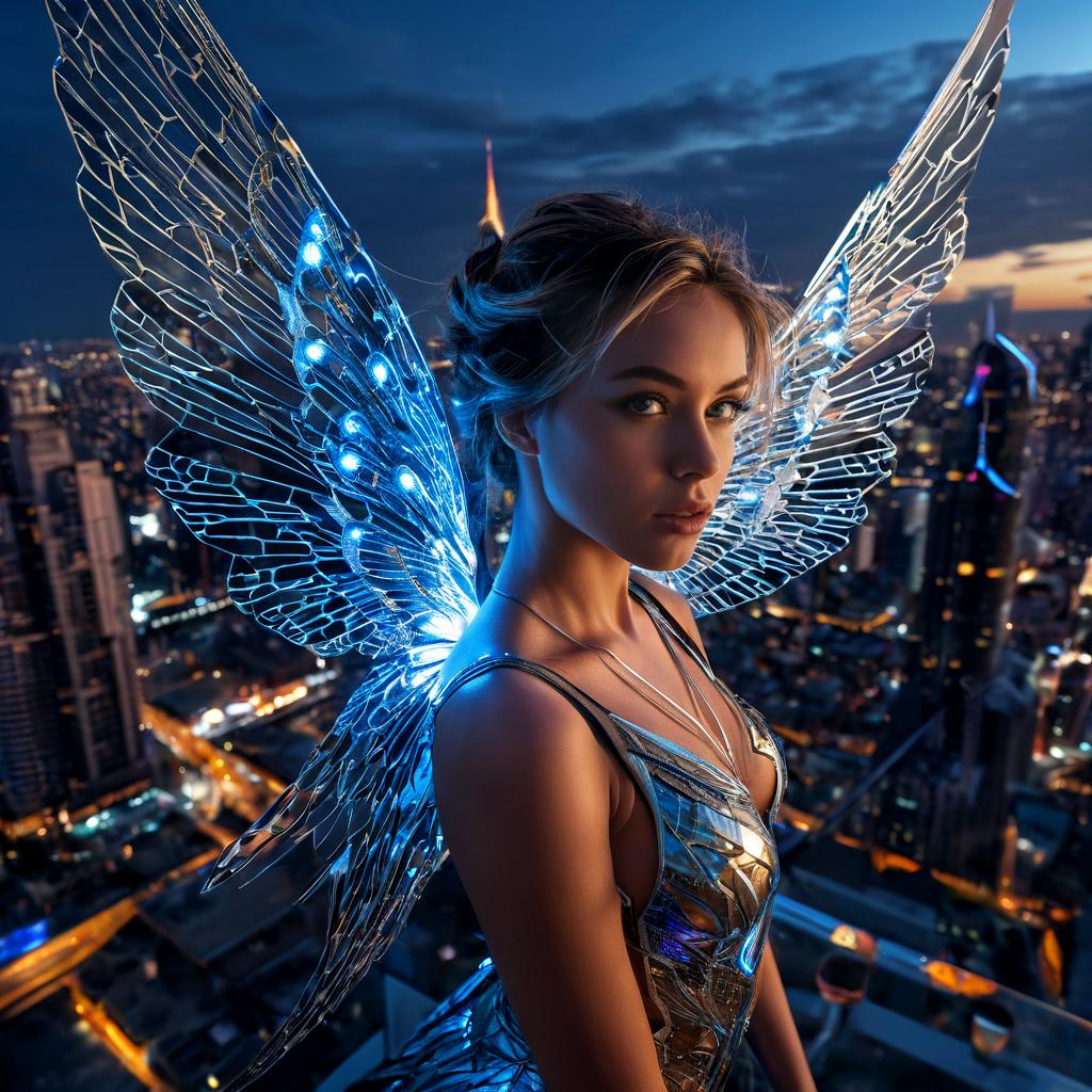 long shot scenic professional photograph of A surreal portrait of a woman whose body is being torn apart by glowing, metallic wings, each wing intricately detailed with sharp, angular patterns. Her skin is stretched and torn as the wings burst from her back, glowing with a bright, electric light. Her face is calm, but her eyes are glowing blue orbs, filled with a faint, mechanical light. Her hair is made of thin, metallic strands that twist and coil like living wires. Behind her, the background is a vast, futuristic cityscape of towering skyscrapers and glowing neon lights, with massive, mechanical wings floating in the sky., perfect viewpoint, highly detailed, wide-angle lens, hyper realistic, with dramatic sky, polarizing filter, natural lighting, vivid colors, everything in sharp focus, HDR, UHD, 64K