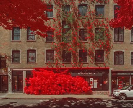 there is a red tree that is on the side of a building, a digital rendering by Leandro Erlich, behance contest winner, interactive art, highly detailed surreal vfx, colorful otherworldly trees, hyperrealistic flickr:5,  <lora:Redia_yiu_v10:0.6>