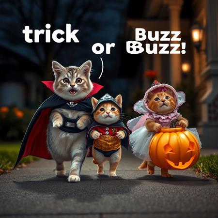 Ultra realistic. white grey brown happy cat with a vampire costume, a small hamster with hero costume,  a orange cat on a princess costume carring a carved pumpkin with candies,  walking on a suburban street, trick or treating houses, midnight light, on a porch house, yelling "trick or Buzz" text in white letters