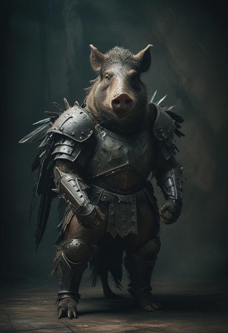 a wild boar in iron armour, large black wings, studio background, high-contrast palette, subtle grain, cinematic quality, modern art photograph, looking at viewer