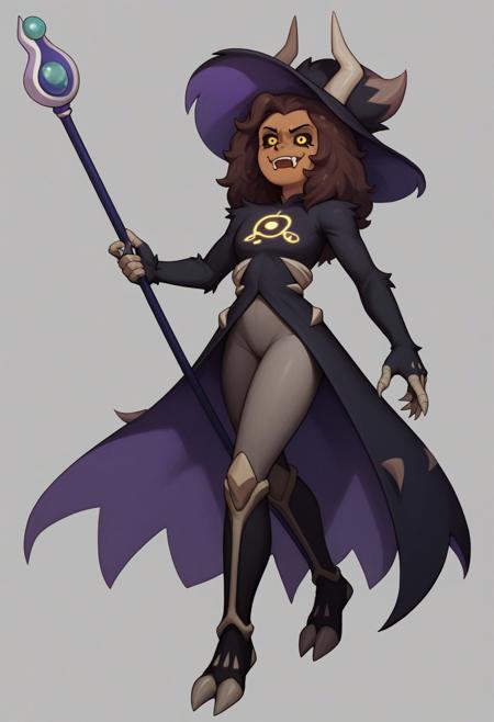 LuzTitan, yellow eyes, brown skin, black sclera, horns, fangs, fur covered body, witch hat, staff, leggings, 